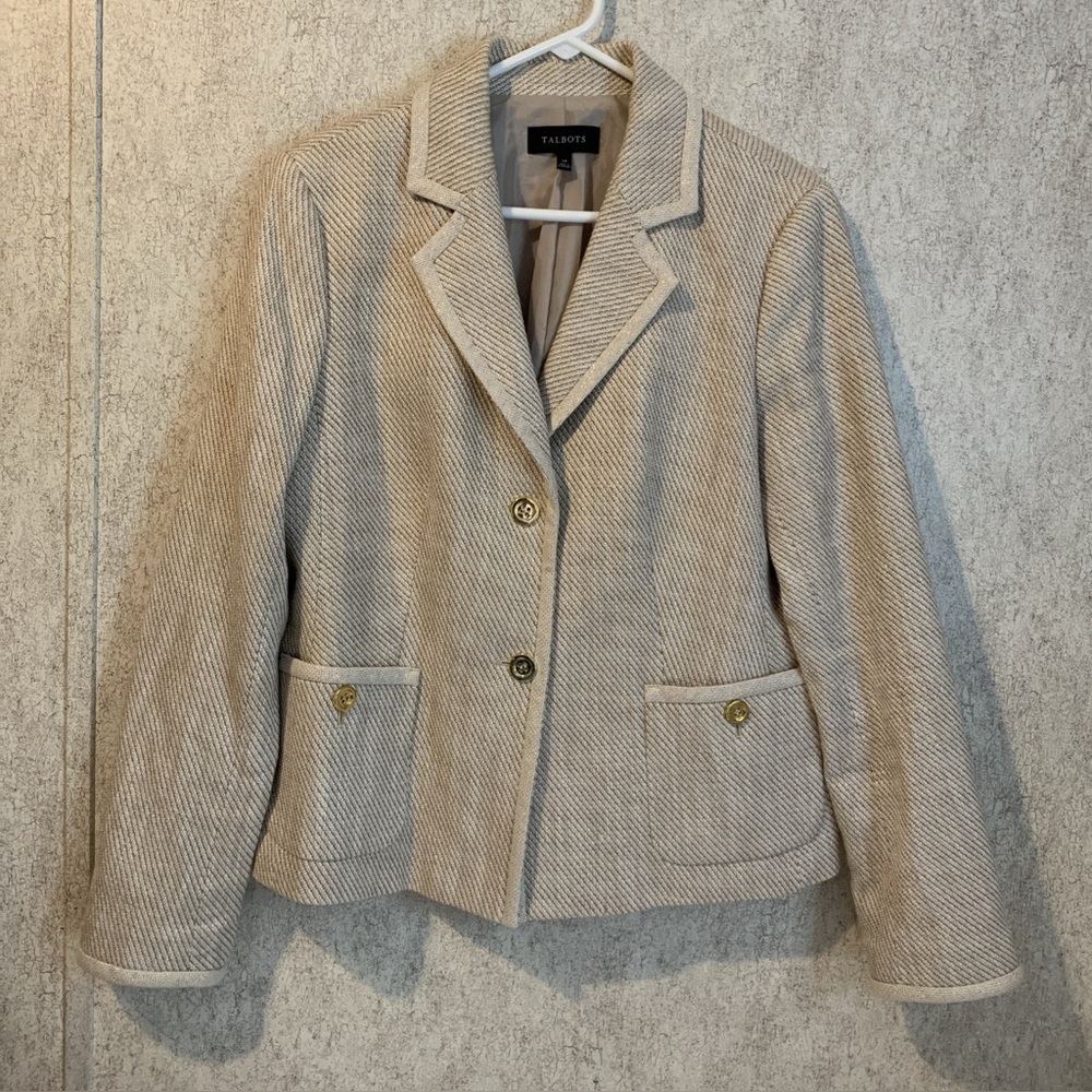 Talbots Cream Tweed Notch-Collar Blazer with Gold Buttons Size 14